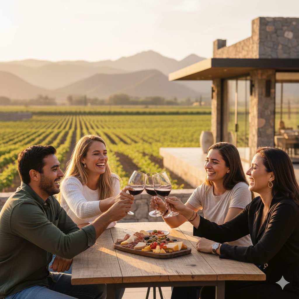 Private Valle de Guadalupe wine tour group laughing and toasting red wine at a luxury vineyard during sunset.