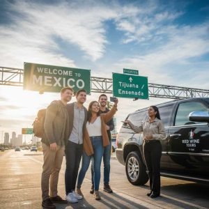 Private Valle de Guadalupe wine tour from San Diego featuring a group of friends enjoying a premium wine tasting at sunset with scenic vineyard views.