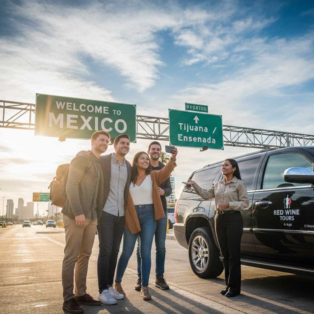 Private Valle de Guadalupe wine tour from San Diego featuring a group of friends enjoying a premium wine tasting at sunset with scenic vineyard views.